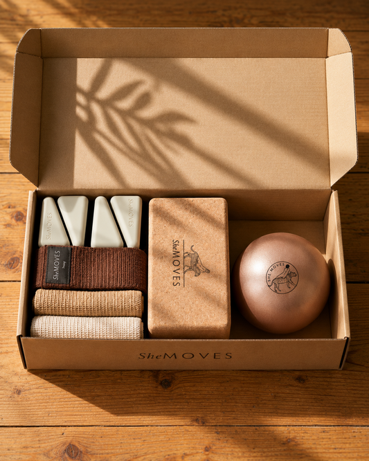 The She Moves Essentials Box met workout props in een open doos